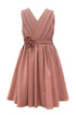 Girls V-Neck Pleated Flower Girl Dress with Rose Appliqué 2-12